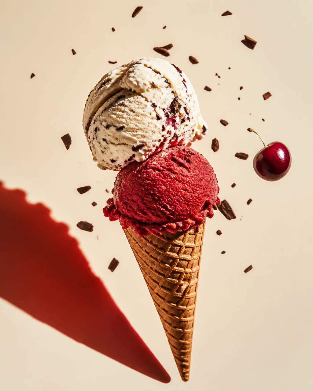 Raspberry and stracciatella ice cream in a waffle cone