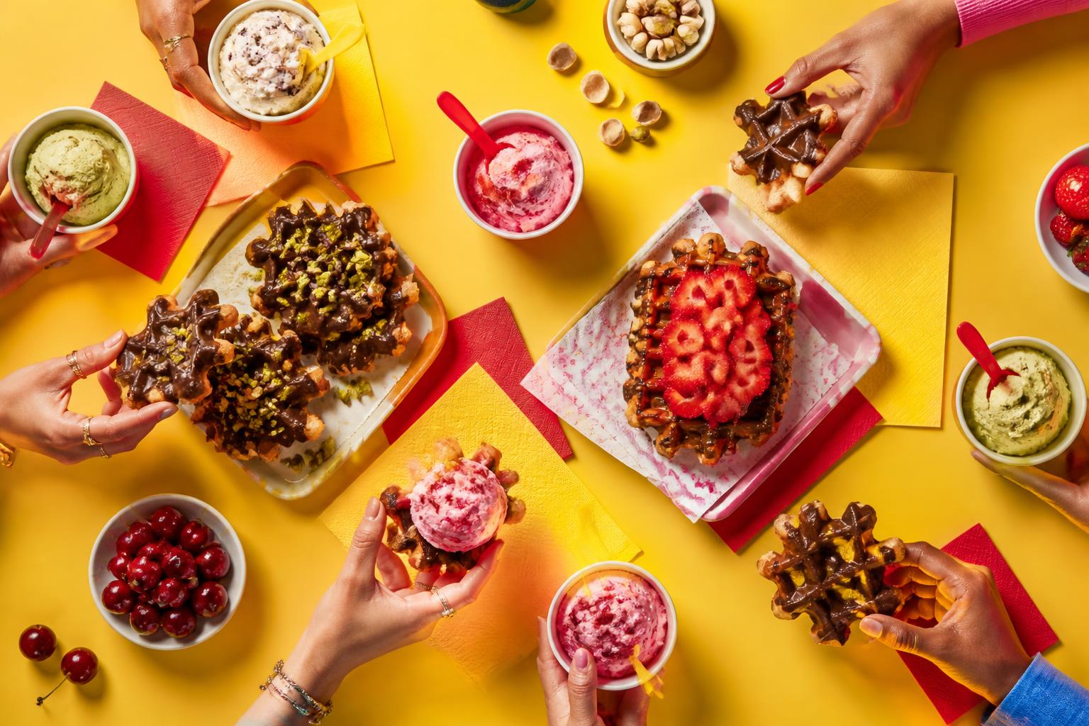 Friends sharing colourful waffles and gelato