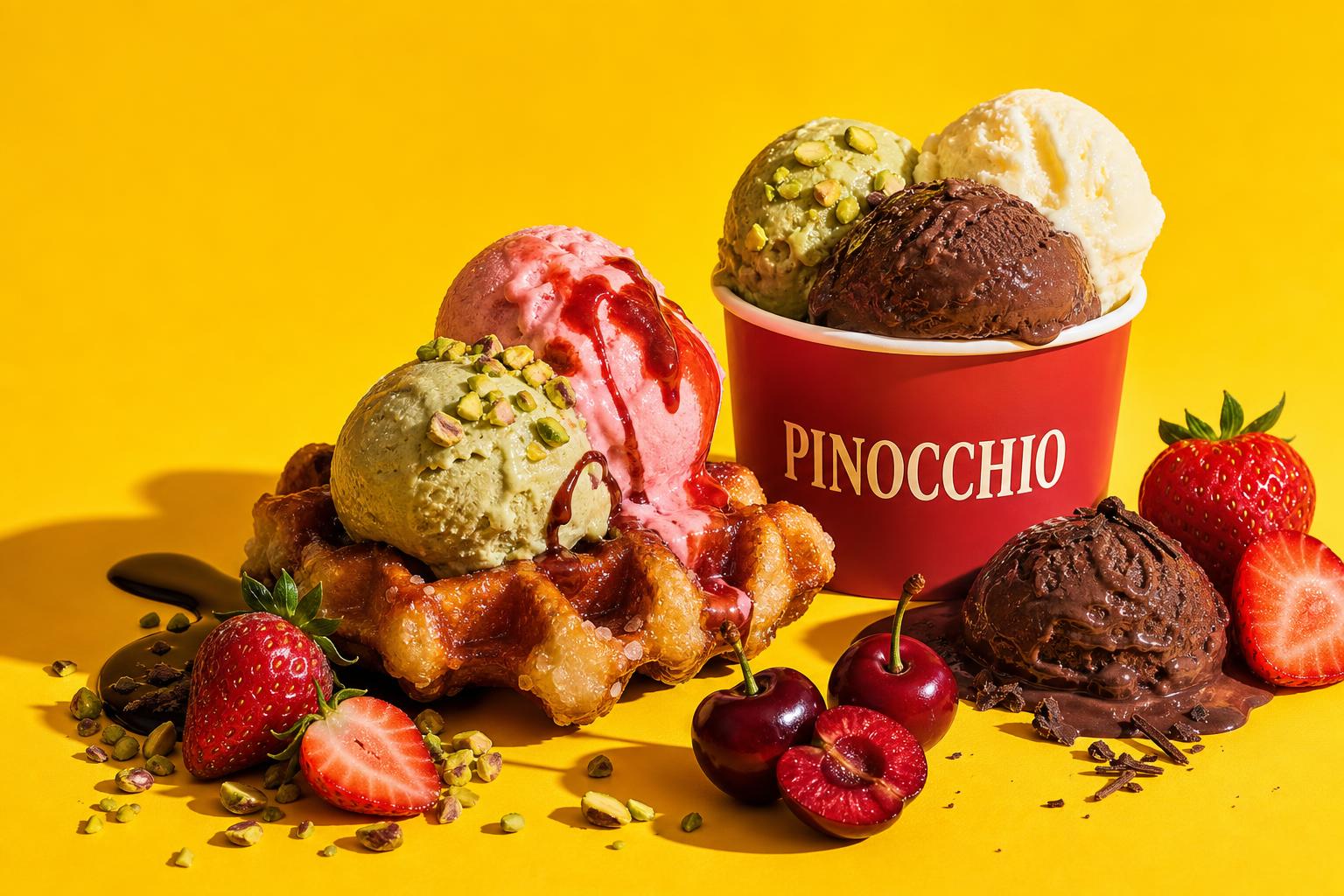 A Belgian waffle and colourful gelato served in a Pinocchio cup